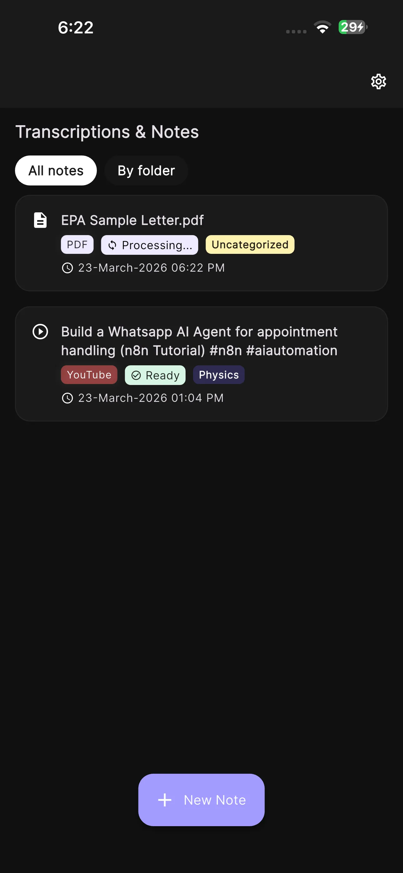Studr home screen showing transcriptions and notes